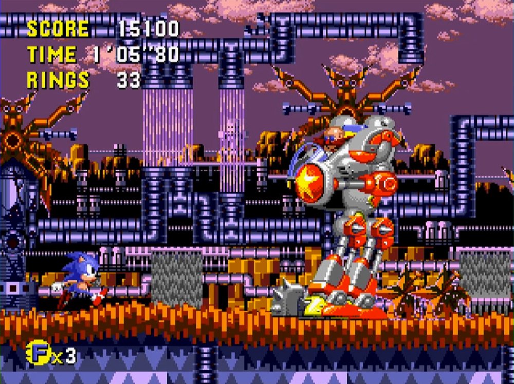 Sonic facing one of Robotnik's machines in a purple industrial zone of Sonic CD, with 33 rings collected.