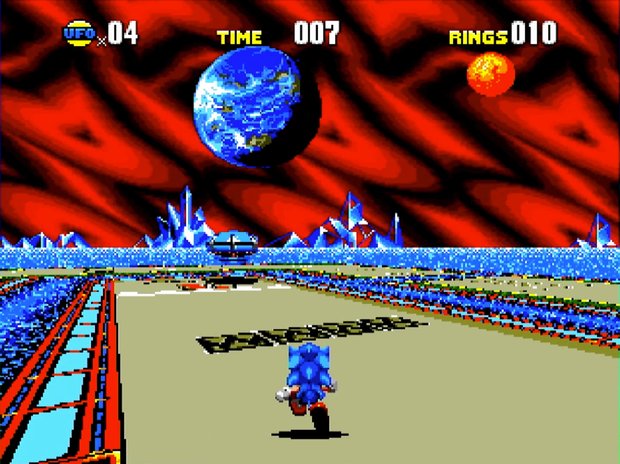 A Sonic CD special stage: Sonic running across a flat plain in pseudo-3D under a red sky, with the Earth overhead and a UFO counter in the corner.