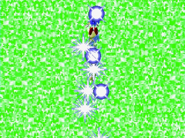 The Sonic CD time warp effect: Sonic surrounded by white starbursts against a field of green static.