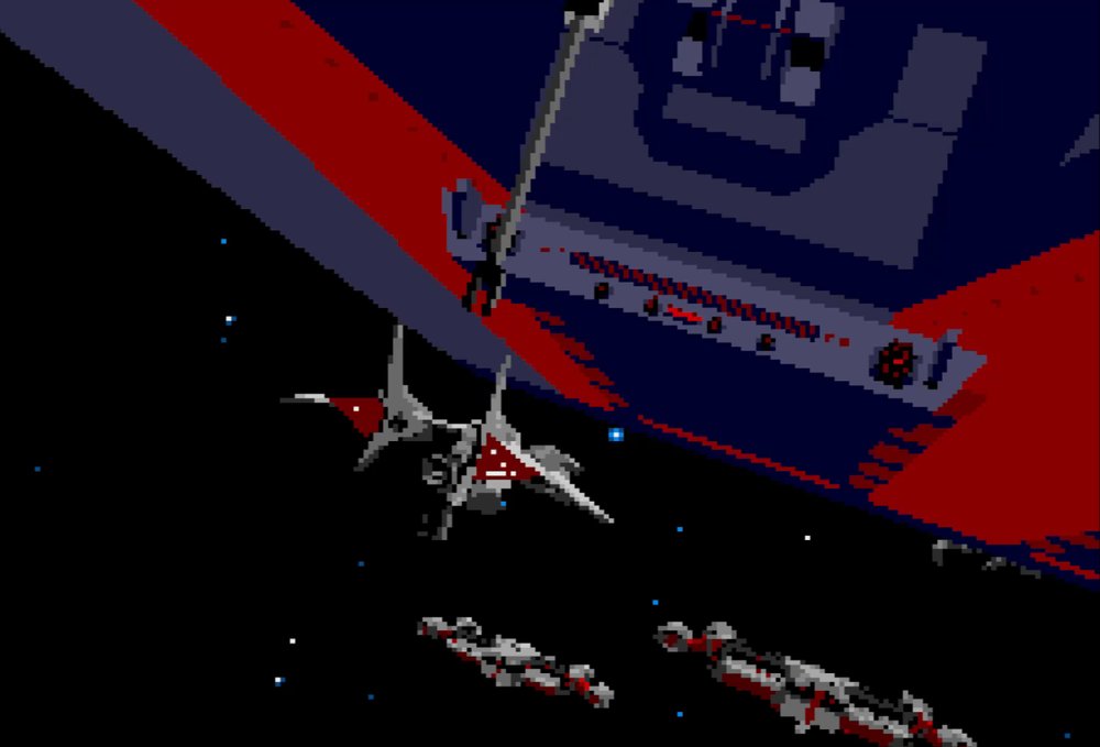 A Silpheed battle scene: the player's small white fighter in front of an enormous red and dark blue capital ship that fills the upper half of the screen, with other craft below.