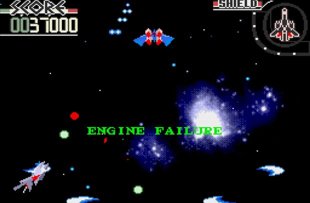 Silpheed gameplay: the player's ship among enemy craft and a nebula, with the message ENGINE FAILURE in green text across the middle of the screen.