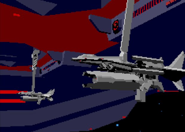 A pre-rendered Silpheed sequence: a grey fighter craft docked inside a red and dark blue hangar structure.