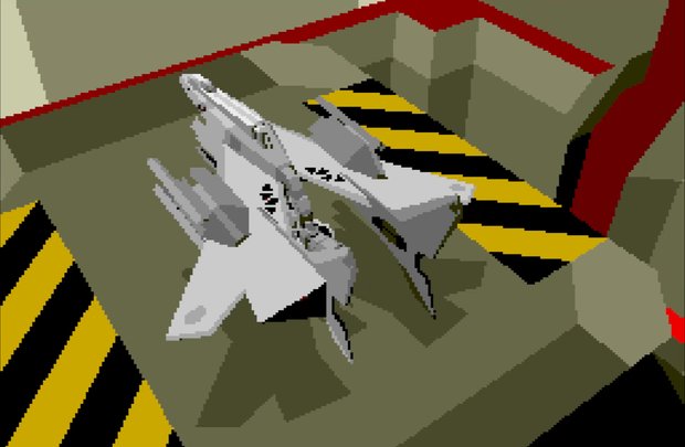A Silpheed fighter sitting on an olive-green launch deck marked with yellow and black hazard stripes.
