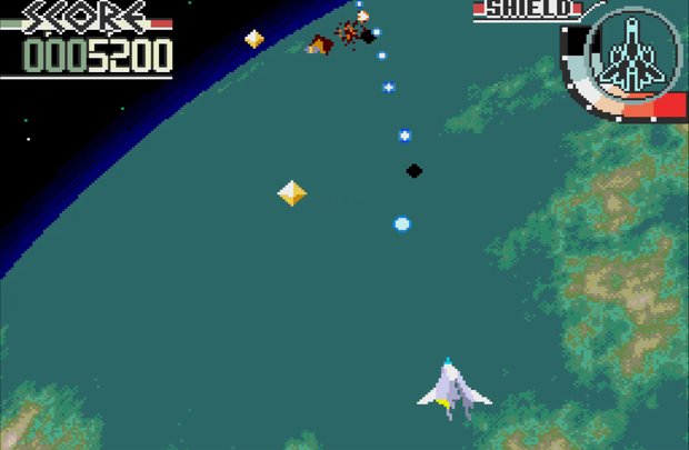 Silpheed gameplay over a teal and green planet surface, with the player's ship low in frame and pickups drifting past.