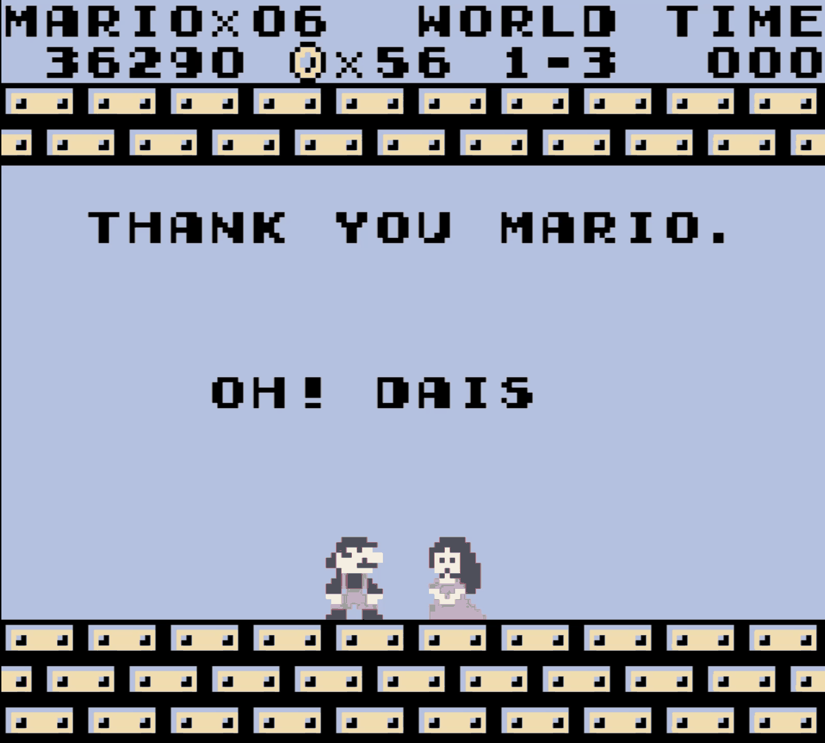 The end of World 1-3: Mario stands beside a figure in a pink dress under the text THANK YOU MARIO. OH! DAIS, cut off mid-word.