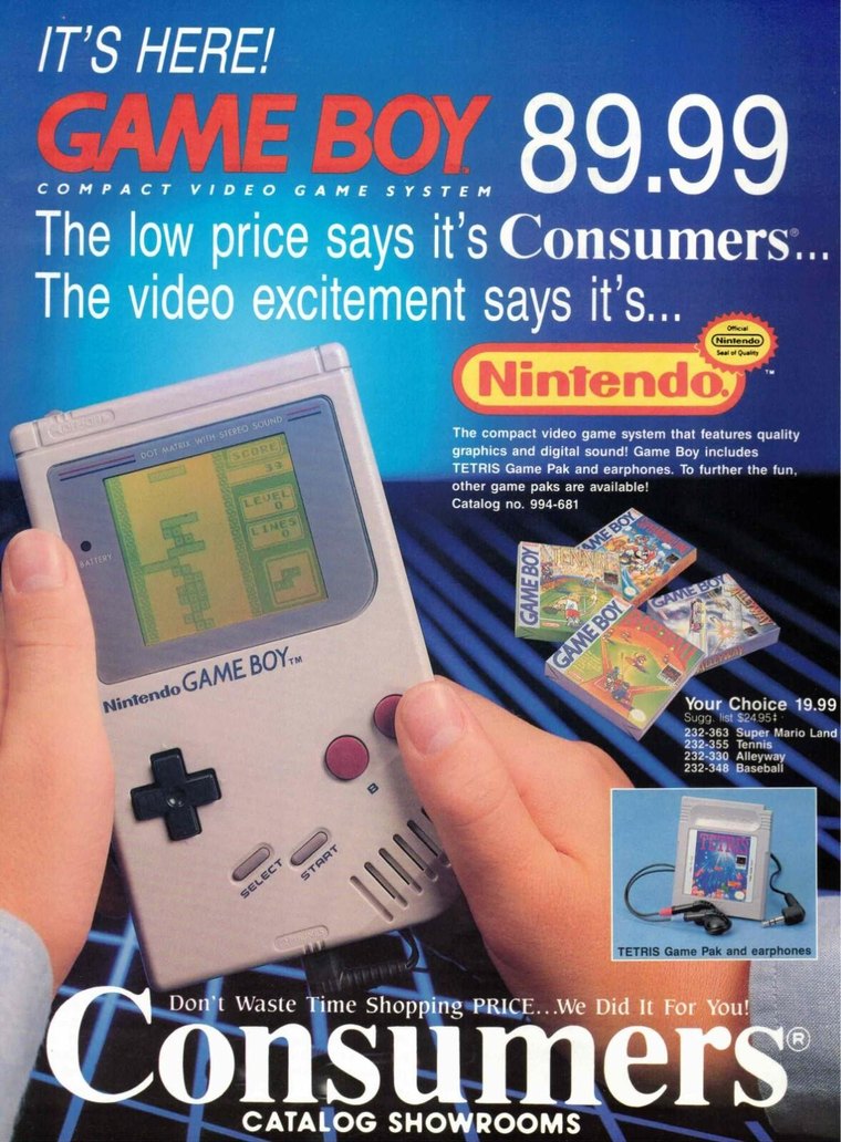 A 1989 Consumers catalogue advertisement: a hand holding a Game Boy running Tetris, the price 89.99, and text reading Game Boy includes TETRIS Game Pak and earphones, with an inset photo of the Tetris cartridge.