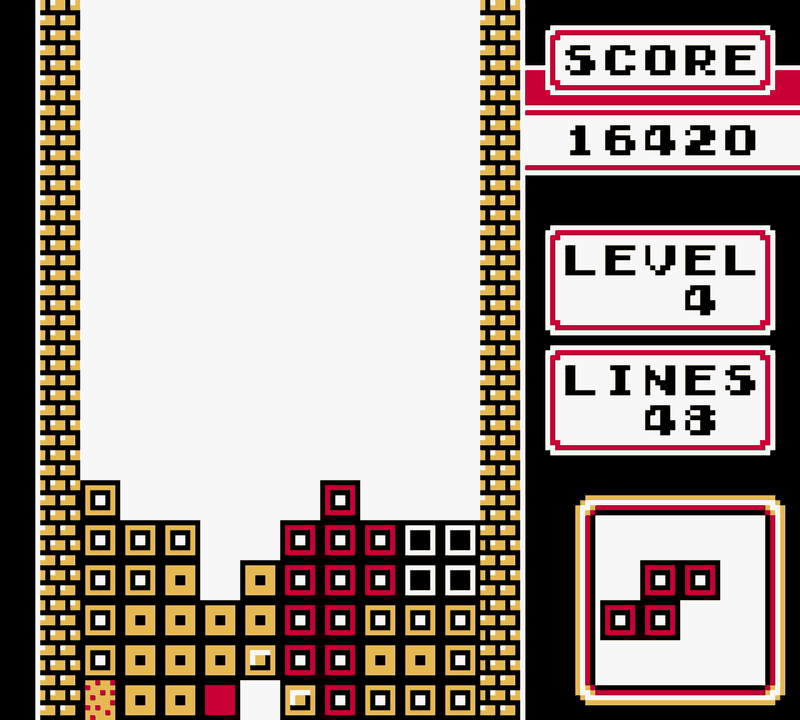 Game Boy Tetris in progress: a part-filled well of blocks, score 16420, level 4, lines 48, and the next piece shown in a box on the right.