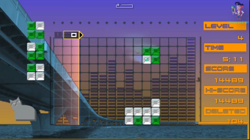 Lumines on PSP: a grid of green and white blocks against a bridge at dusk, with level, time and score panels on the right.