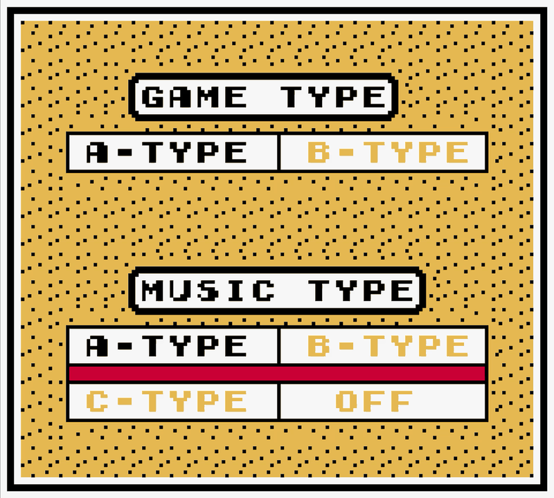 The Game Boy Tetris options screen, showing GAME TYPE with A-TYPE and B-TYPE, and MUSIC TYPE with A-TYPE, B-TYPE, C-TYPE and OFF.