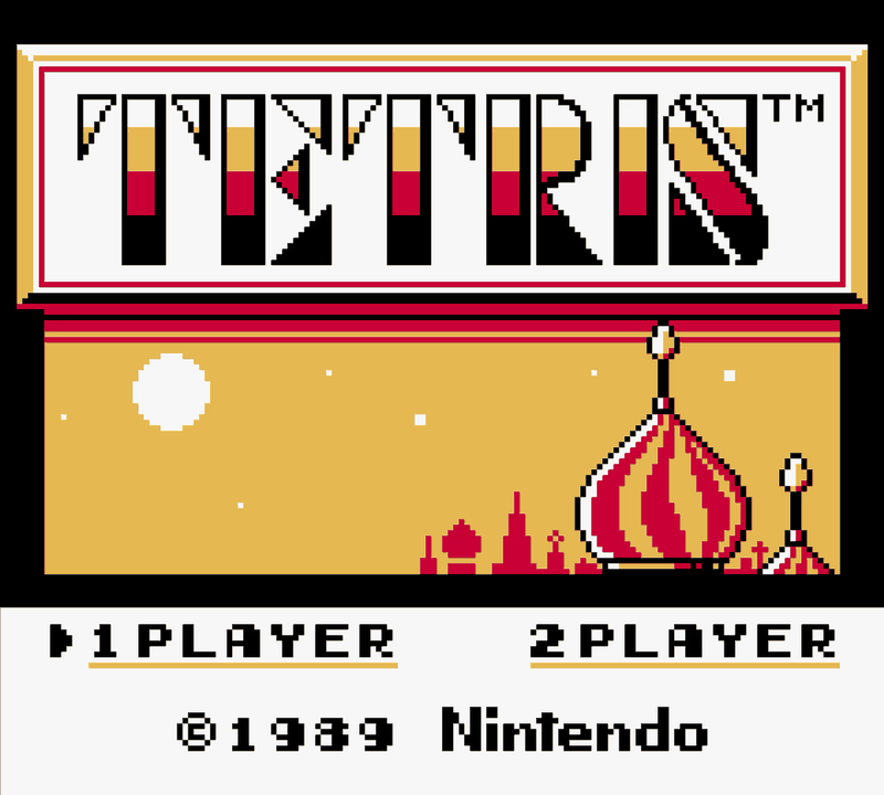 The Game Boy Tetris title screen: the Tetris logo above a Kremlin skyline at night, with 1 PLAYER and 2 PLAYER options and the line 1989 Nintendo.
