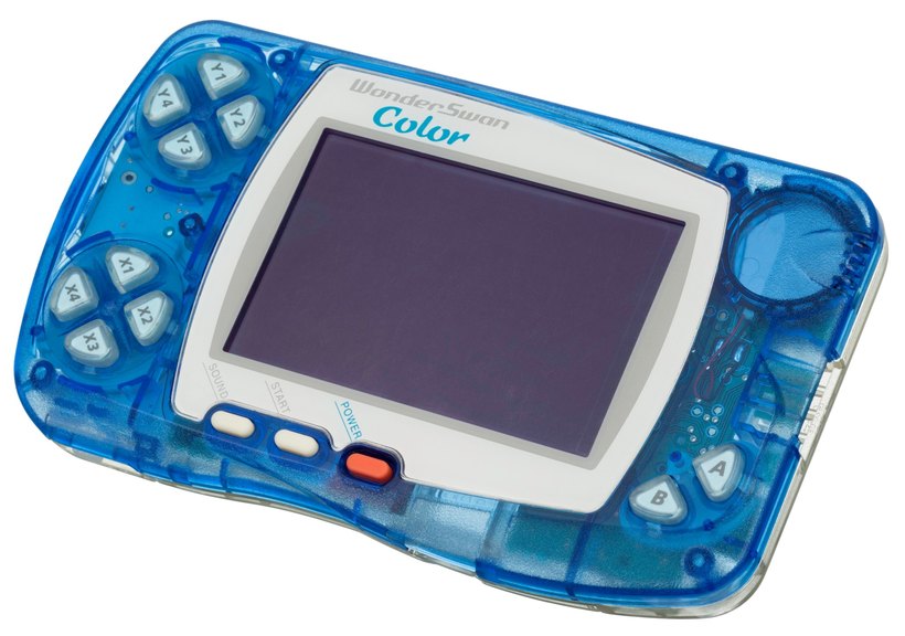 A translucent blue Bandai WonderSwan Color handheld, with two clusters of four buttons on the left, a colour LCD screen and A and B buttons on the right.