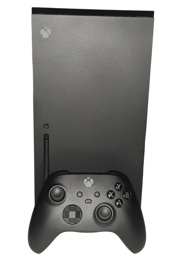 A black Xbox Series X console standing upright with its matching black controller.